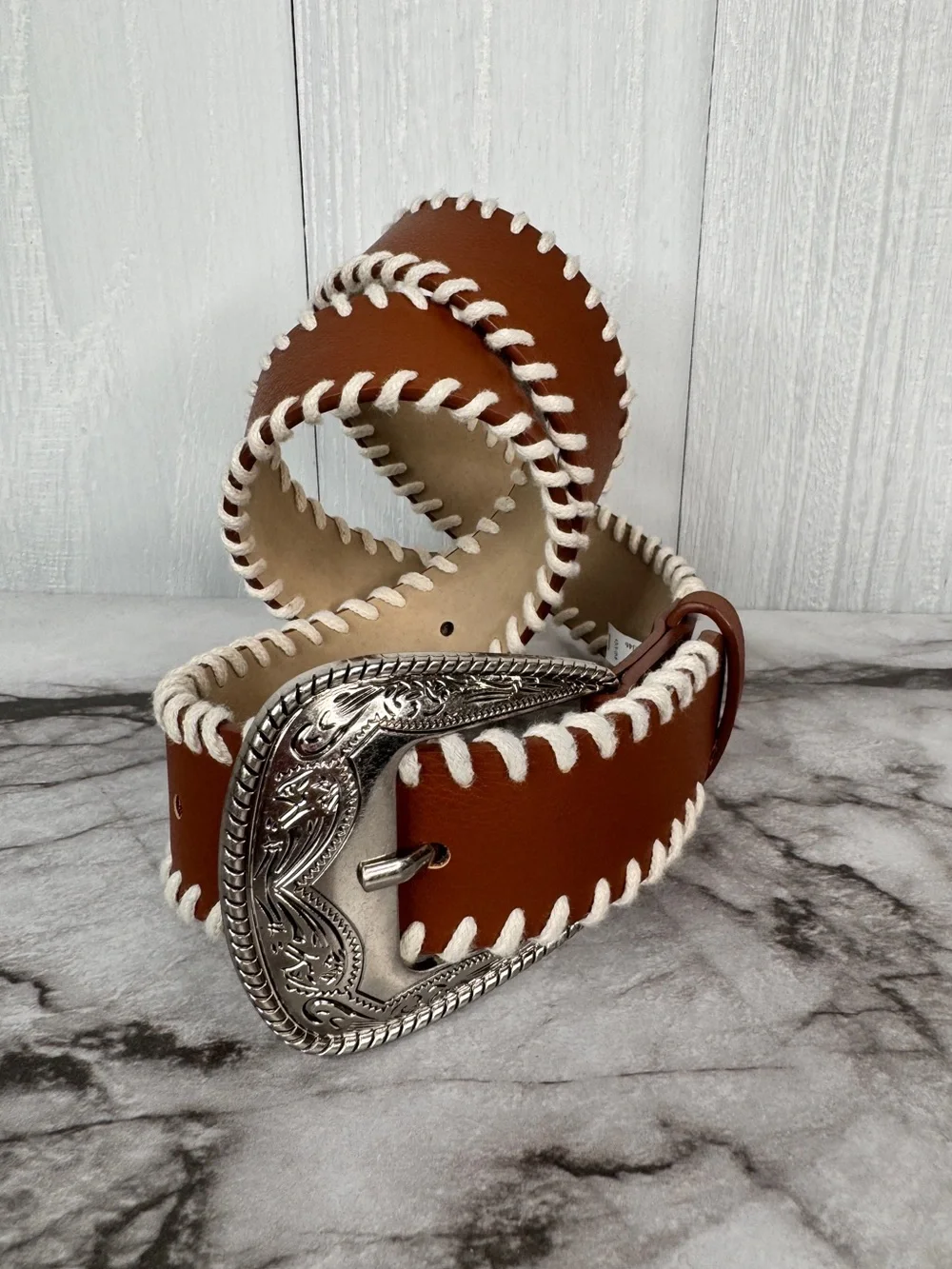 Western Style Belt | Brown Whip Stitch Cowboy Buckle Boho Chic